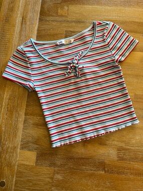 SO Red, Navy & Mint Striped Ribbed Crop Top with Front Tie